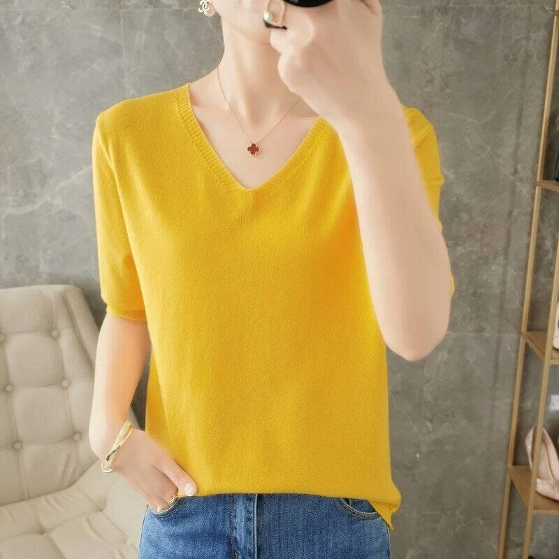 Suéter de manga corta para mujer, Camiseta holgada versión coreana con camisa pequeña, Top de Color sólido, novedad de primavera y verano de 2022