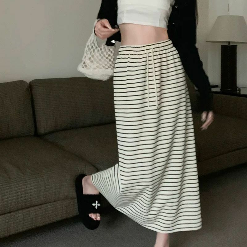 Mode hohe Taille Kordel zug Knöchel röcke elastische Damen bekleidung koreanische gestreifte Sommer All-Match lässige A-Linie lange Röcke