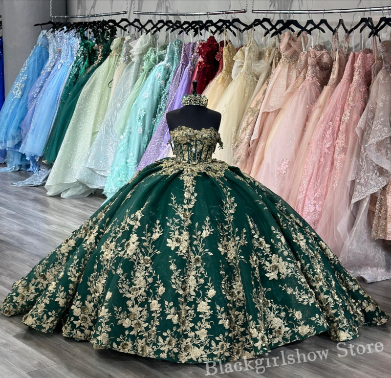 Elegante vestido de quinceañera verde esmeralda, vestido de lujo con escote en forma de corazón, apliques dorados de hueso para eventos especiales, 2024