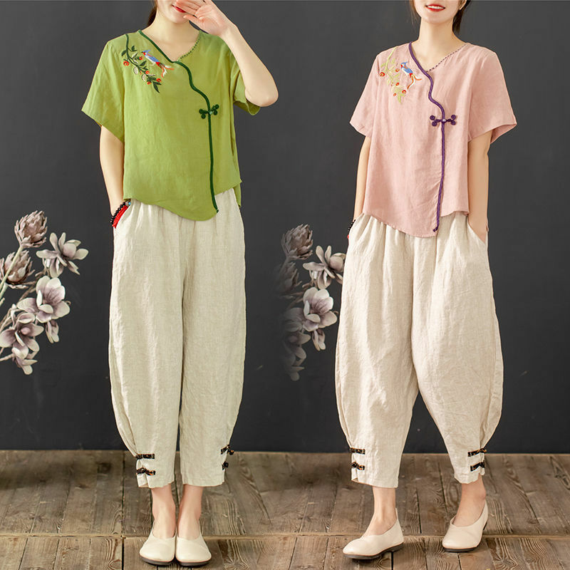 Costume Tang en coton et lin pour femmes, 2 couleurs, Style chinois rétro, broderie, manches courtes, chemises Qipao, haut Cheongsam, pantalon Harem, vêtements