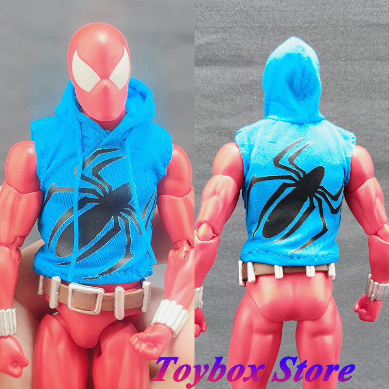 1/12 Scale Scarlet Spider-Man Hooded Vest Sleeveless Ripped Design Spider Print Coat Top Clothes Accessory For 6" Mafex Body