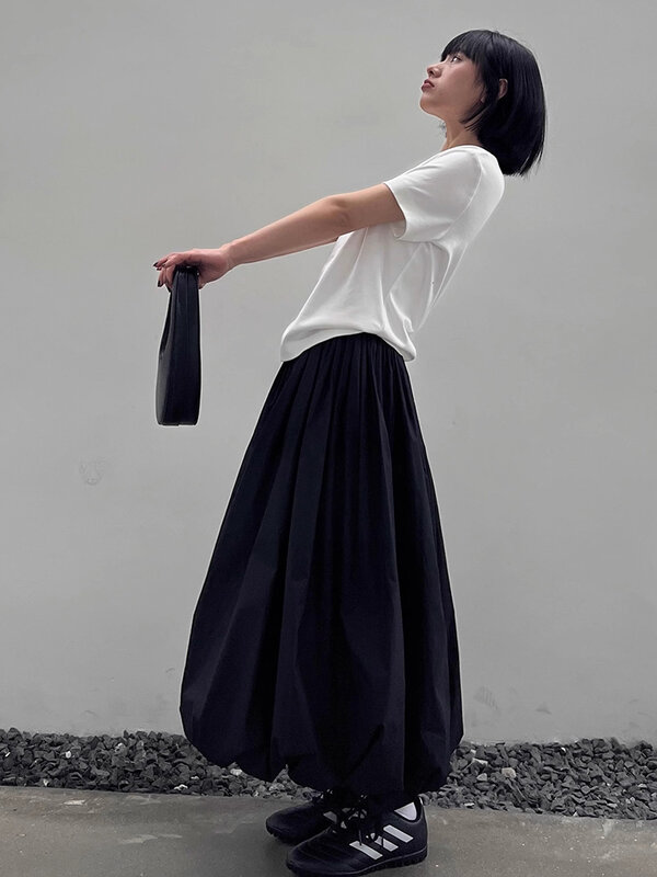 Rok panjang HOUZHOU, rok panjang wanita elegan Solid pinggang elastis A-line Vintage mode Korea longgar balon rok Maxi kasual Streetwear