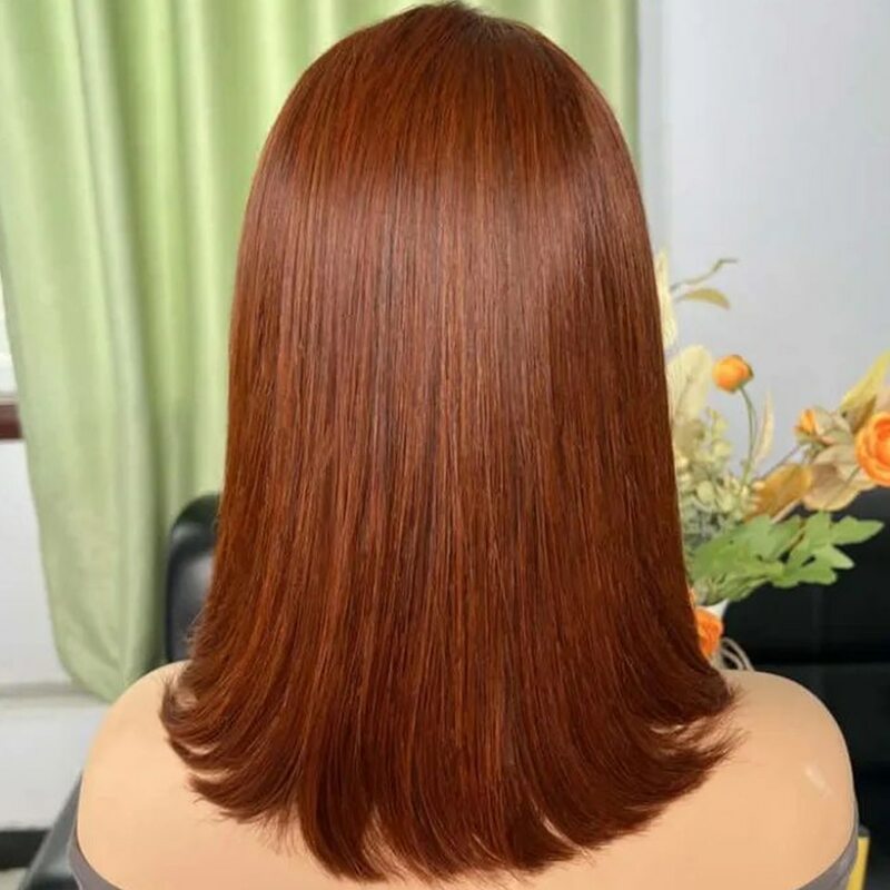 Marrom avermelhado Bob peruca para mulheres, peruca dianteira do laço, pré arrancada com o cabelo do bebê, HD fechamento transparente do laço, cabelo humano, 13x4, 4x4