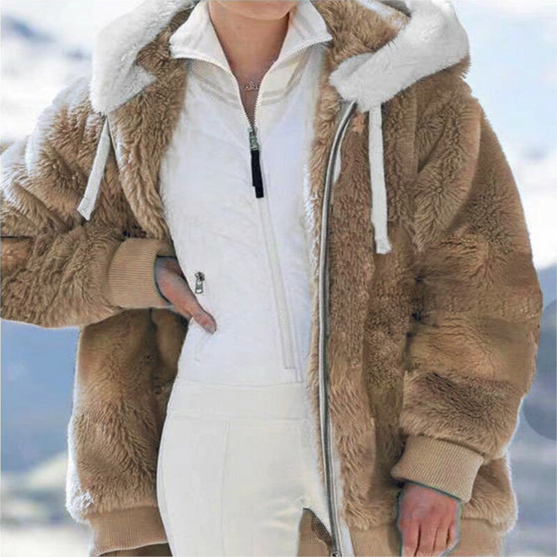 Parka feminina com capuz de pele sintética com zíper, outwear feminino inverno, jaqueta de pelúcia quente, casaco casual solto, retalhos, cores misturadas