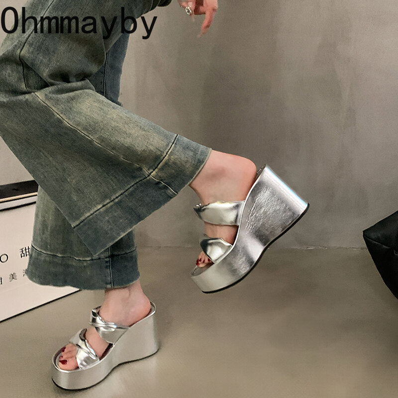 2024 Summer Chunky Woman Slippers Fashion Butterfly-knot Platform Wedges Heel Slides Ladies Casual Outdoor Beach Shoes