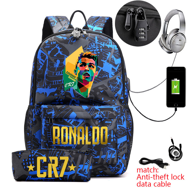Ronaldo-bolsa de viagem ao ar livre com bloqueio anti-roubo, mochila estudantil, estojo, para jovens