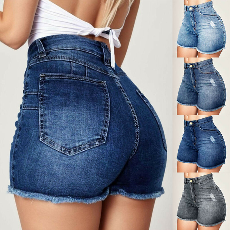 Shorts jeans rasgado de franja feminina com bolsos, cintura alta, franja, roupa de senhora, quente, verão