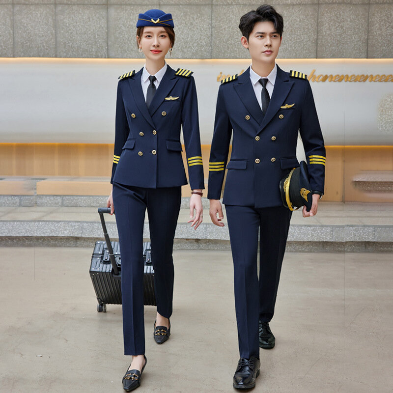 Setelan bisnis overall keamanan Double-Breasted seragam kereta api, pramugari sekolah penerbangan Captain Aviation kelas