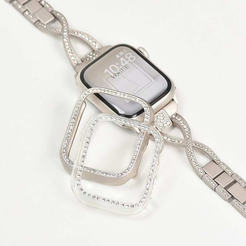 Casing berlian untuk penutup jam tangan Apple 9 8 7 41mm 45mm 44mm 40mm cangkang pelindung Bumper Bling untuk iWatch seri 8 3 4 5 6 SE
