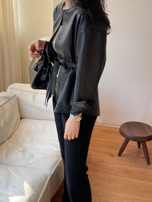 Jaqueta de couro do falso da correia da mola feminina único breasted em torno do pescoço casaco estilo coreano outerwears topos elegantes