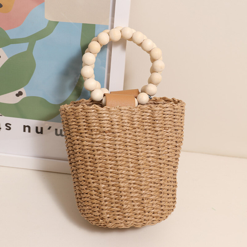 Mini Beaded Handle Bucket Bag Cute Paper Rope Handbag Travel Beach Bags for Woman Summer Woven Drawstring Straw Bag Clutch Chic