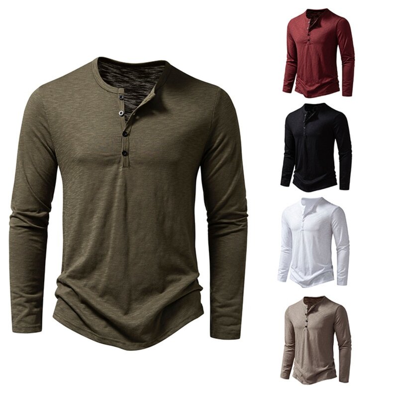 Chemise à col Henley en coton pour hommes, manches longues, bouton décontracté, monochromatique, t-shirts à la mode
