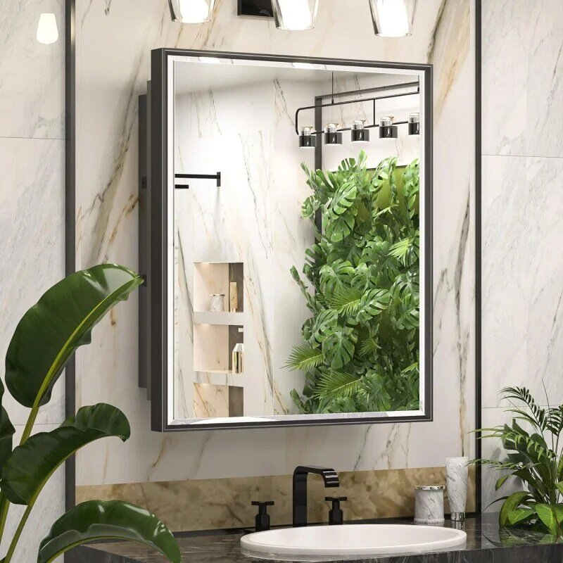Keonjinn-armarios de medicina para baño, mueble negro de 20x26 pulgadas con espejo empotrado o superficie montada en la pared, aleación de aluminio enmarcado cónico