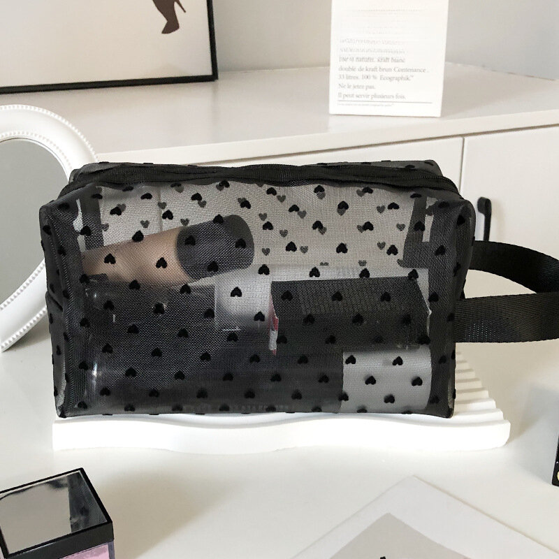 Borsa cosmetica in rete di Nylon a forma di cuore borsa da toilette portatile Organizer per il trucco borsa multifunzionale per portamonete con chiave per rossetto da donna