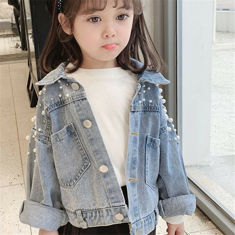 Girls Denim Jacket Korean Loose Long Sleeve Sweet Pearl Lapel Top Button Cardigan Jacket