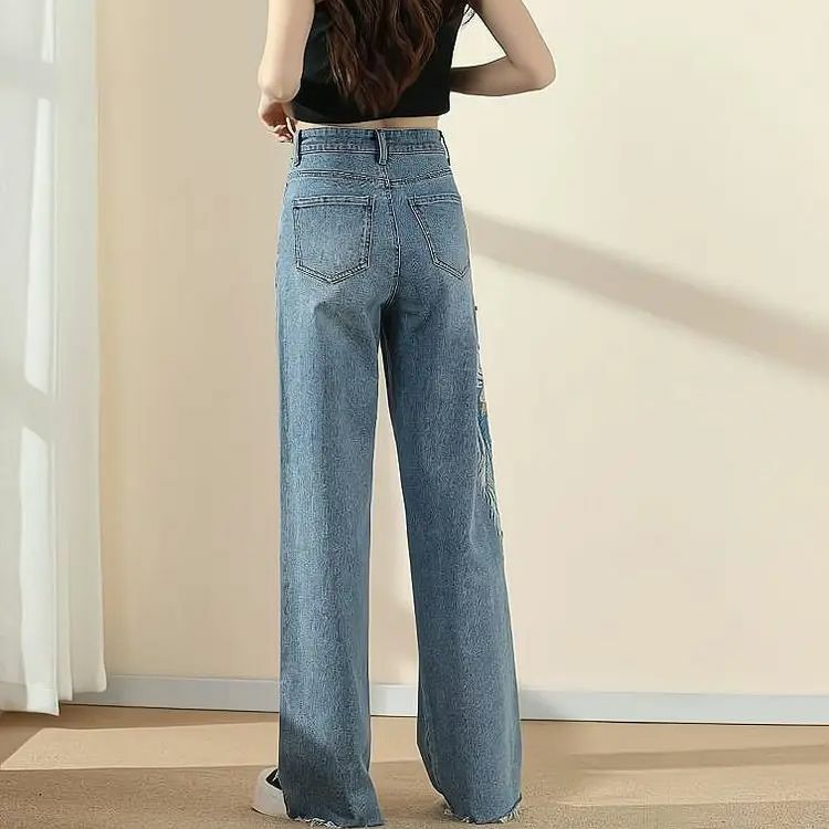 Calça jeans bordada Phoenix feminina, calça de perna reta, enfeite de pérolas, gráfico com estampa, verão, chique, estilo coreano