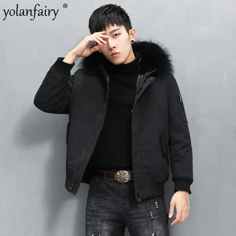 Mantel bulu asli untuk pria, mantel parka rakun kerah bulu kelinci dengan tudung untuk musim dingin dan jaket tren FCY5382
