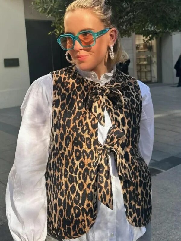 Vintage Leopard Weste Frauen Straße ärmellose Schnürung weibliche Jacke Frühling Sommer Mode Bogen Bandage Dame Tank Mantel