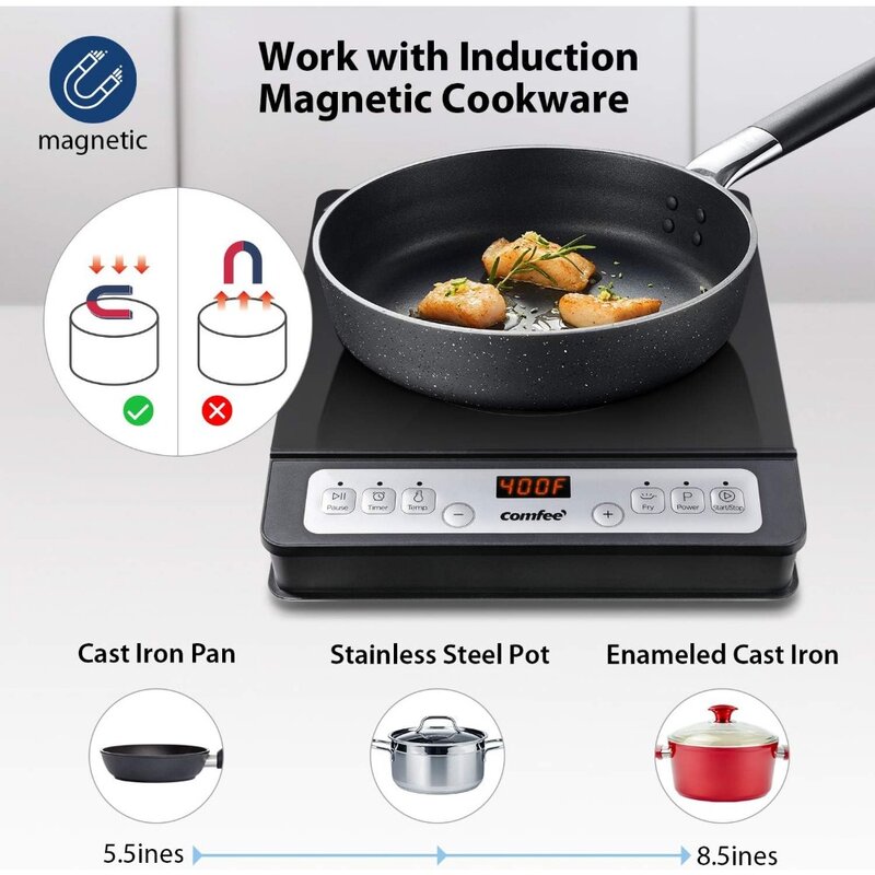 COMFEE’ 1800W Countertop Burner, with 8 Power & Temperature Settings & 180 Mins Timer Auto Shut Off and Energy-saving