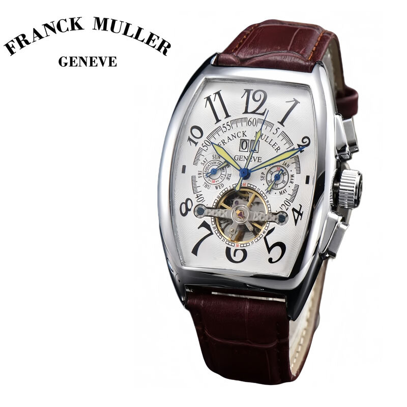 Franck Muller นาฬิกากลไกอัตโนมัติหรูหราสำหรับผู้ชายนาฬิกาข้อมือ Tourbillon Skeleton นาฬิกาข้อมือผู้ชาย