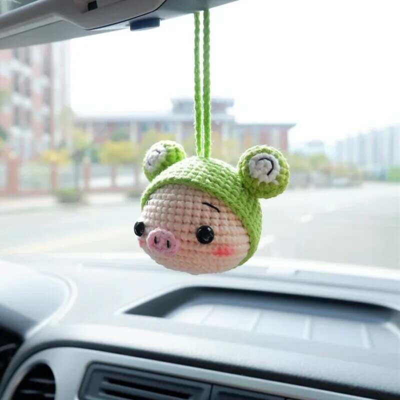 Car Rear View Mirror Hanging Accessory, Cute Crochet Sunflower, Frog, Strawberry Hat, Piggy, Car Inter Decor