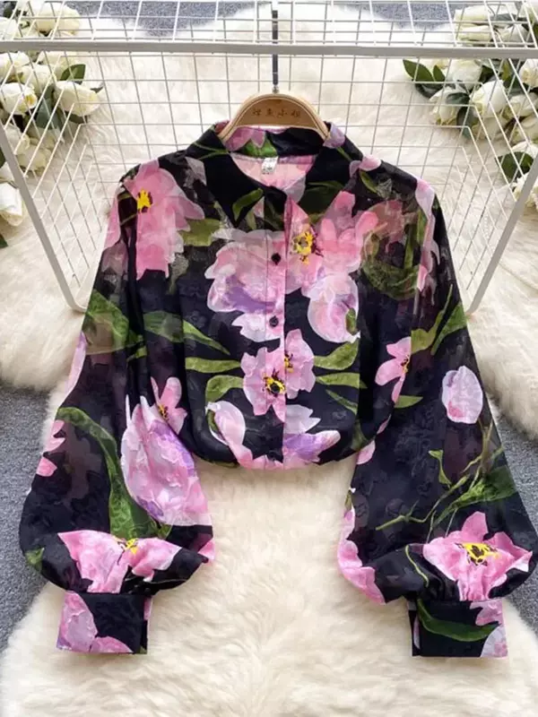Blusa feminina retrô com estampa floral chiffon, blusa feminina de manga puff lapela, camisa de botões, temperamento moda, primavera, outono, GD611