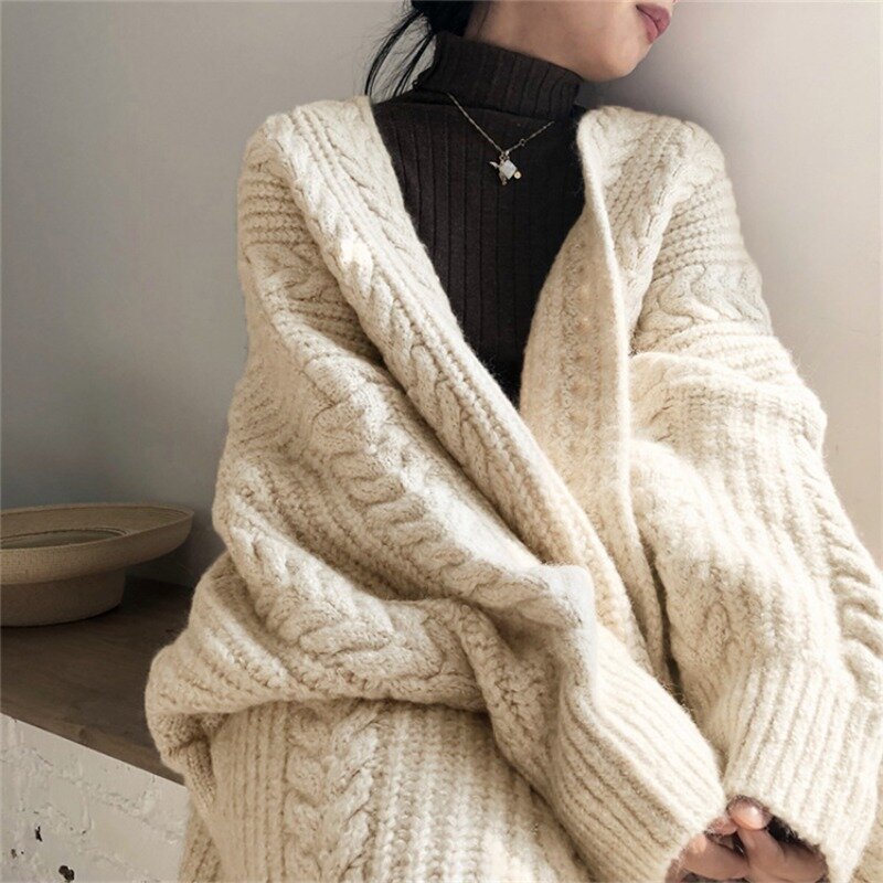 Autumn Winter Women Knitted Cardigan Sweater Dress Elegant Fashion Long Sleeve Twists Warm Thick Knitwear Outwear Y2K Clothes