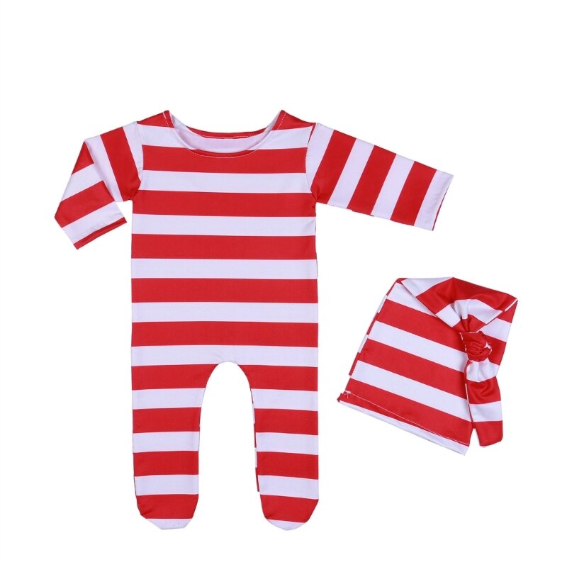 Traje para bebês recém-nascidos, adereços para fotografia, roupa elfo listrado vermelho e branco com chapéu papai