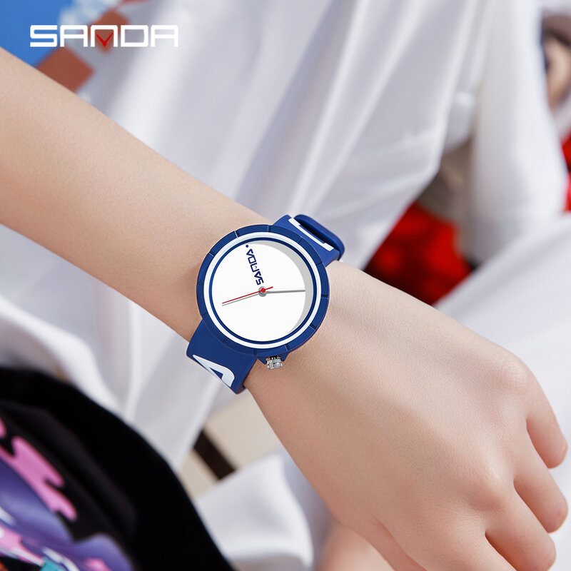 샌다 브랜드 초박형 캐주얼 쿼츠 손목시계, 레드 블루 실리콘 스트랩, 학생용 시계, 패션