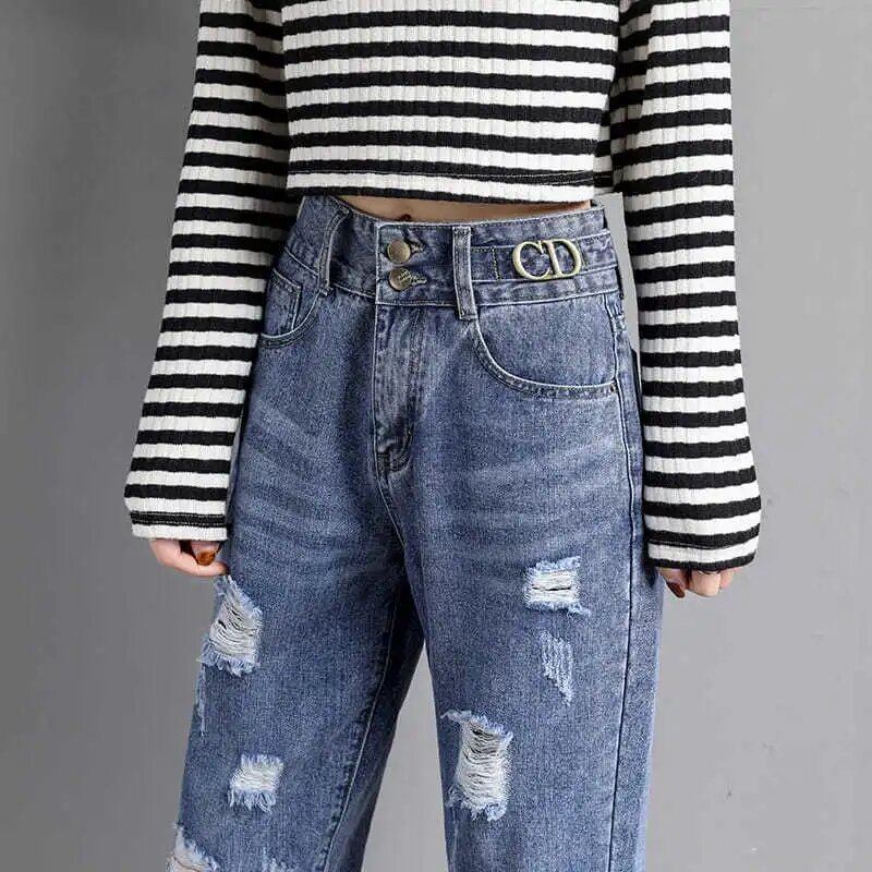 Korean Streetwear Ripped Capris Jeans Women Y2k Casual Loose Denim Harem Pants Vintage Baggy Beggar Vaqueros Spring Pantalones