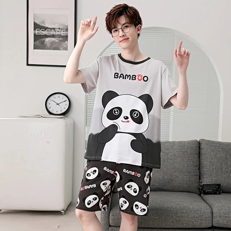 Piyama pria musim panas Set pakaian tidur dewasa piyama katun pakaian rumah kartun Panda Korea longgar piyama lengan pendek santai Loungewea