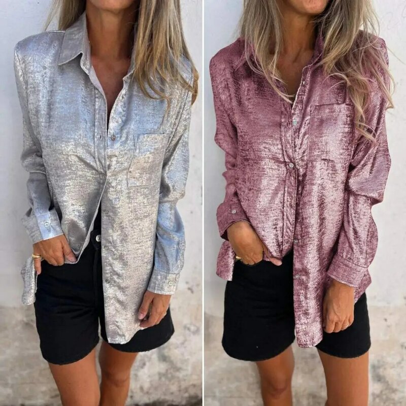 Women Shirt Stylish Women's Casual Shirt with Lapel Collar Long Sleeves Fashionable Mid-length Top with Single for Women