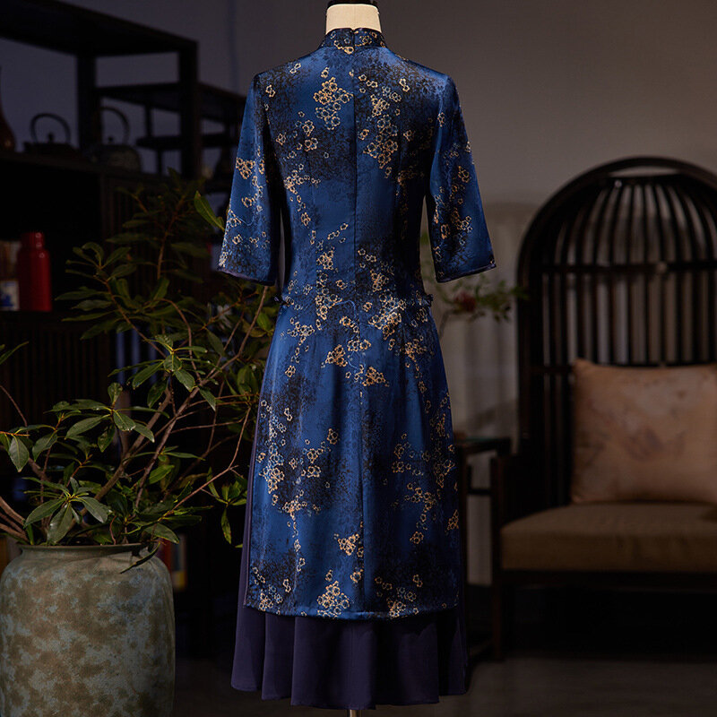 Vestido chino Aodai para mujer, manga de siete puntos, estampado de flores, satén, cuello mandarín, Qipao, Cheongsam Oriental