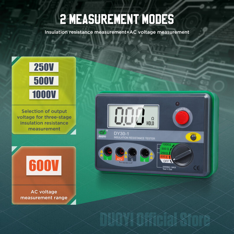 Tester di resistenza dell'automobile del voltmetro del megohmmetro del Tester di resistenza dell'isolamento di DUOYI DY30-1 2000M 0hm 250V/500V/1000V
