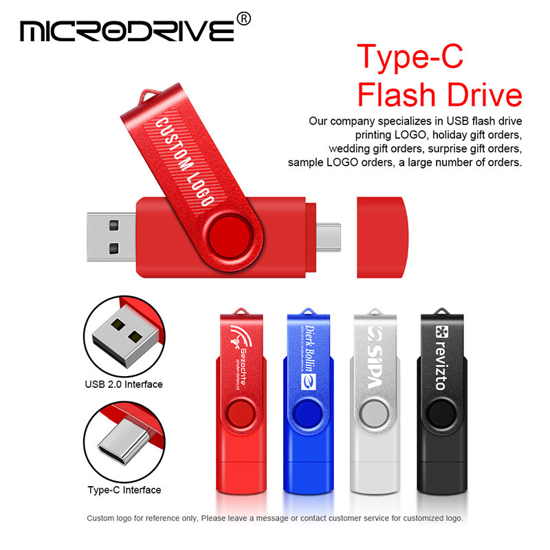 Metal OTG USB Memory Stick, Tipo C Pen, Flash Drive, 2 em 1, 4GB, 8GB, 32GB, 64GB, 128GB