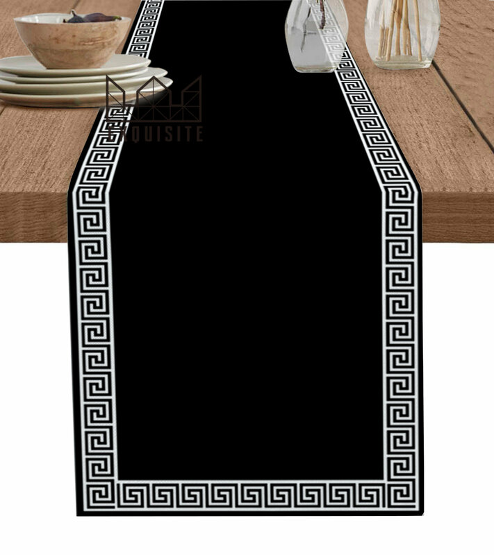 Black Geometric Greek Key Design Pattern Table Runner Home Dining Room Decor Placemat Coaster Wedding Christmas Table Runners