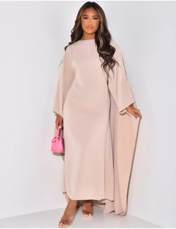 Autumn Fashion Satin Party Dress Robe Abaya Muslim Women Elegant Solid Round Neck Bat Sleeves Loose Maxi Dress Women