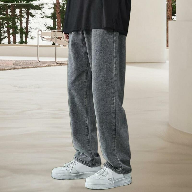 Новинка, модные мужские повседневные мешковатые длинные джинсы в Корейском стиле, классические мужские прямые джинсовые брюки с широкими штанинами, однотонные, ярко-синие, серые, черные