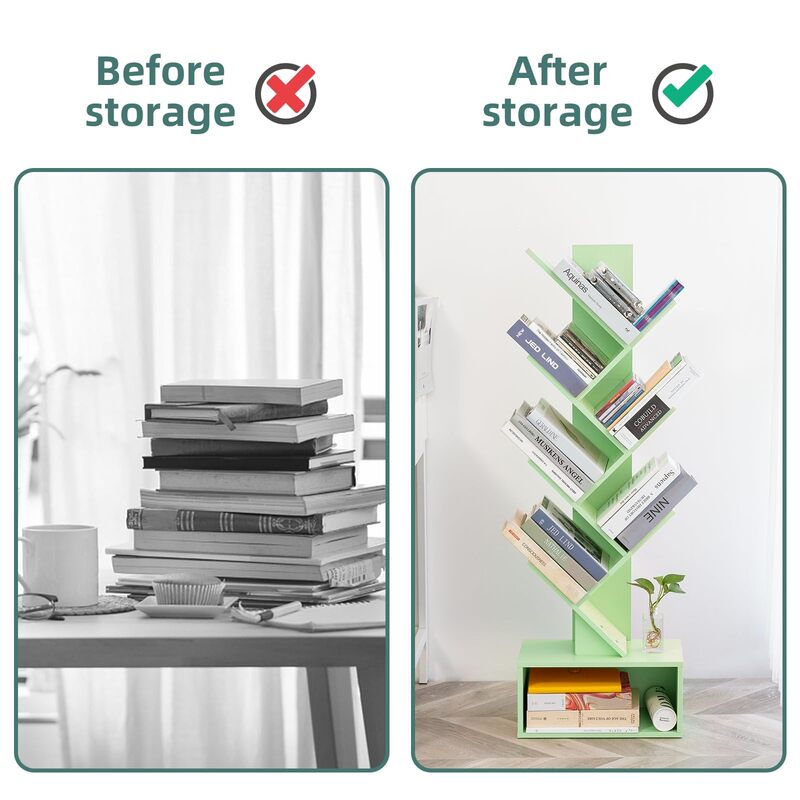 Tree Bookshelf - 6 Shelf Retro Floor Standing Bookcase, Tall Wood Book Storage Rack for CDs/Movies/Books, Green