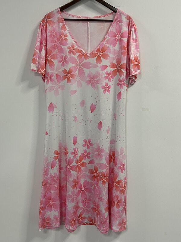 Plus Size elegantes Kleid, Damen plus Sakura Print Kurzarm V-Ausschnitt leicht Stretch fließendes Kleid