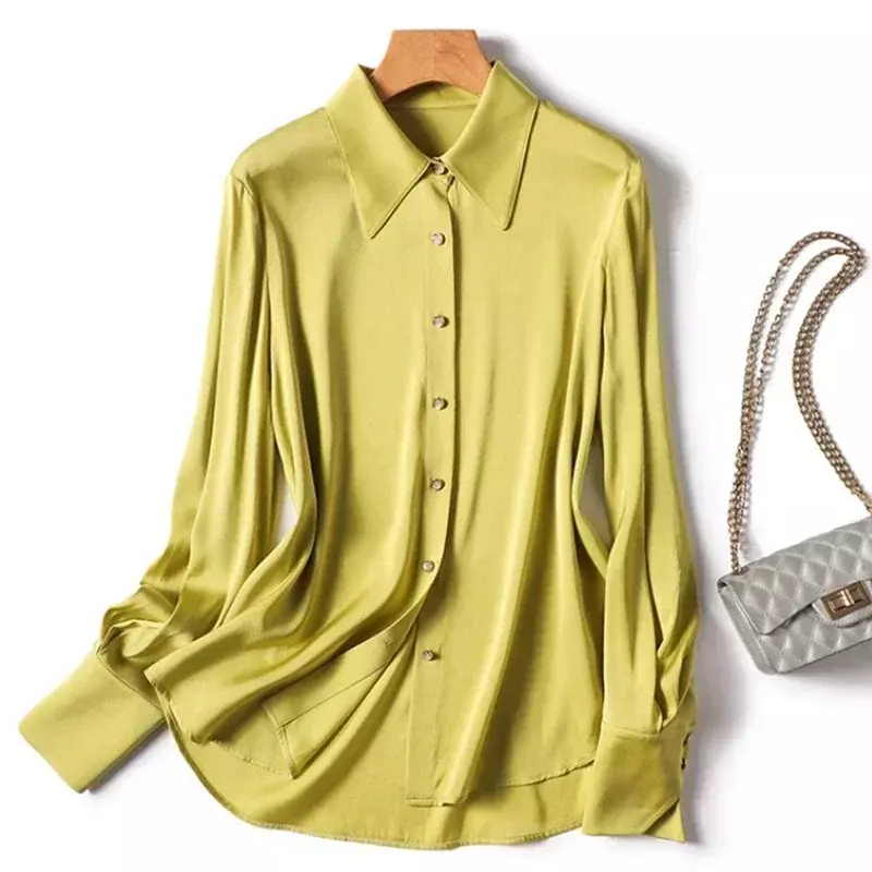 Элегантная Свободная Женская одежда с отложным воротником, модная офисная шелковая рубашка для женщин, Осенние однотонные топы, Повседневная Блузка с длинным рукавом, 29968