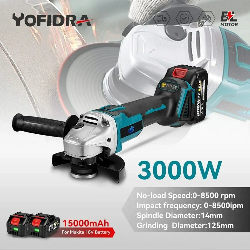 Yofidra 125mm bezszczotkowa szlifierka kątowa 4 biegi akumulatorowa szlifierka cięcie elektronarzędzie do obróbki drewna do akumulatora Makita 18V