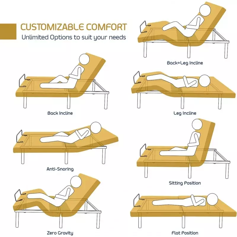 Cadre de lit réglable en acajou, massage réglable avec télécommande sans fil, tête de base et pied, rapide