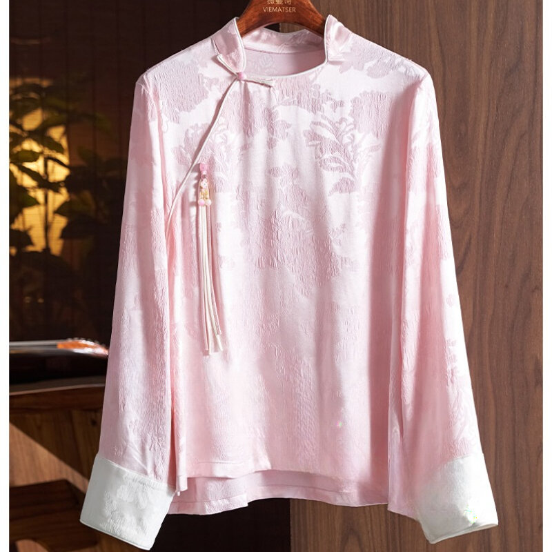 Satynowa koszula damska w stylu chińskim Wiosna/Lato Vintage Bluzki Luźne długie rękawy Damskie topy Kwiatowa modna odzież