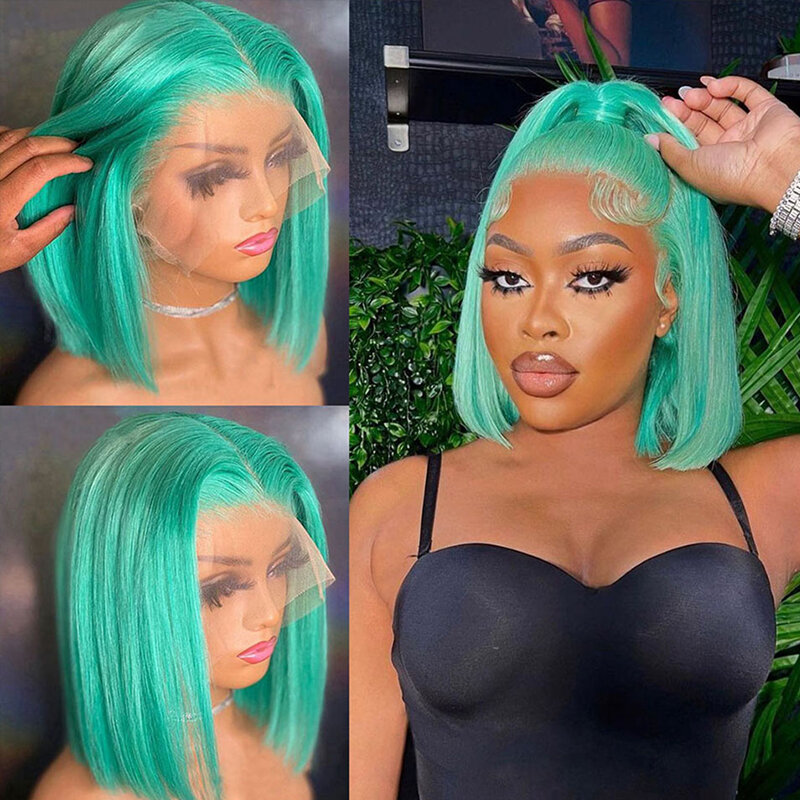 Straight Short Bob Pixie Cut Green Colored T Part/13X4 HD Transparent Lace Wigs Human Hair Frontal Wig For Woman Pre Plucked