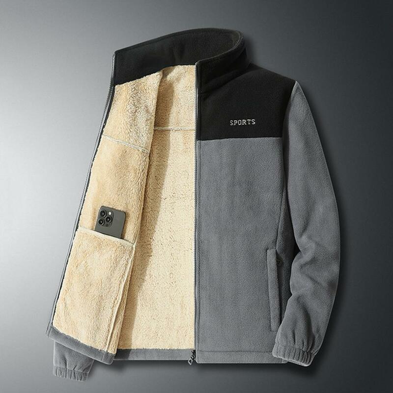 Z pluszową wyściółką kurtka stylowy męski Color Block płaszcz zimowy z pluszowymi kieszeniami wewnętrznymi ciepły stojak z kołnierzem gruby suwak zamknięcie