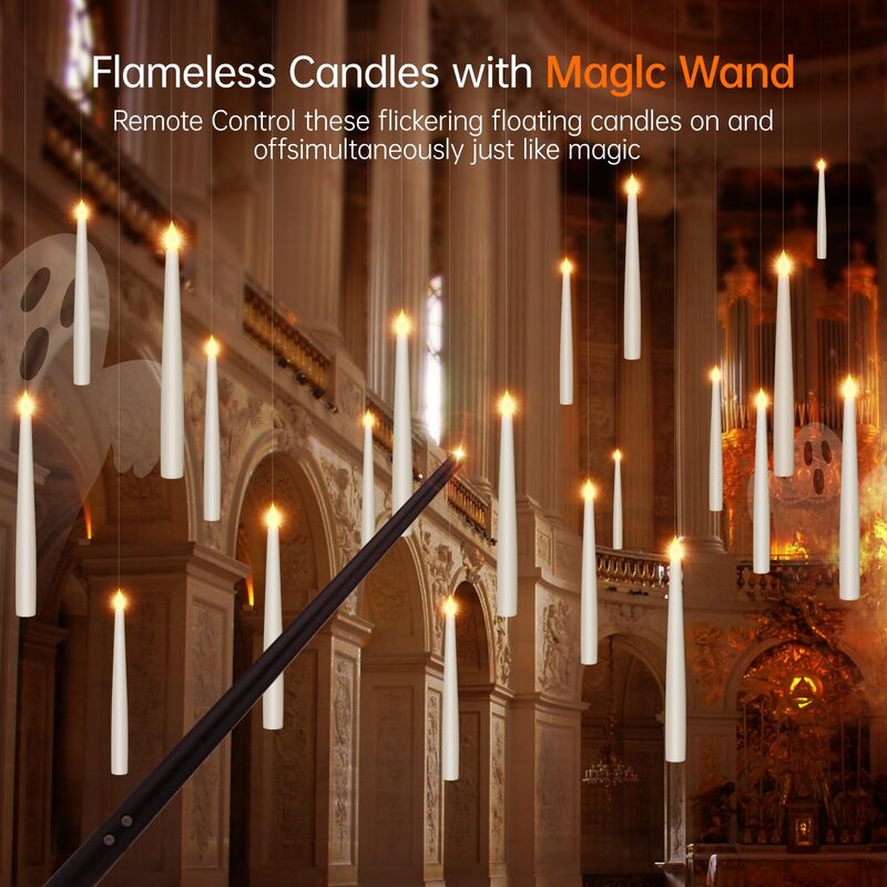10-200Pcs Floating Candles with Magic Wand Flickering Warm Light LED Flameless Candle Taper Candles for Christmas/Wedding/Party