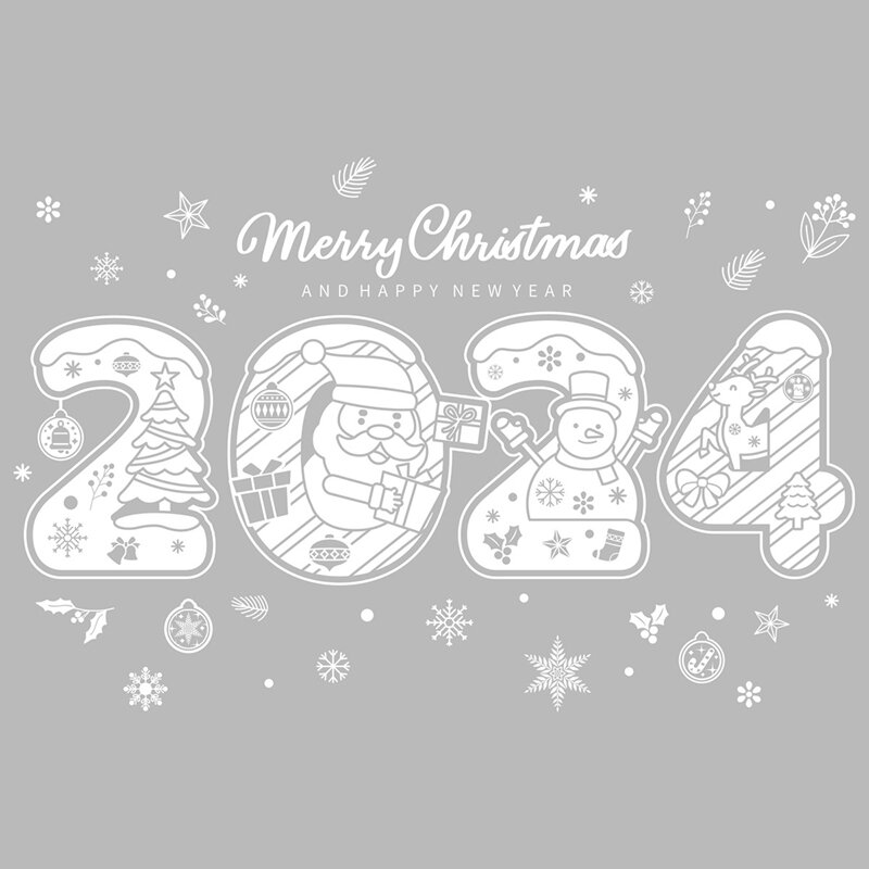 Selamat Natal dan selamat tahun baru 2024 stiker jendela kepingan salju putih Santa rusa salju pohon Natal stiker dinding Tahun Baru