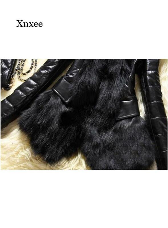 Women Pu Leather Faux Fur Coat Casual  Fluffy Coat Black Faux Fur Collar Jacket Coat