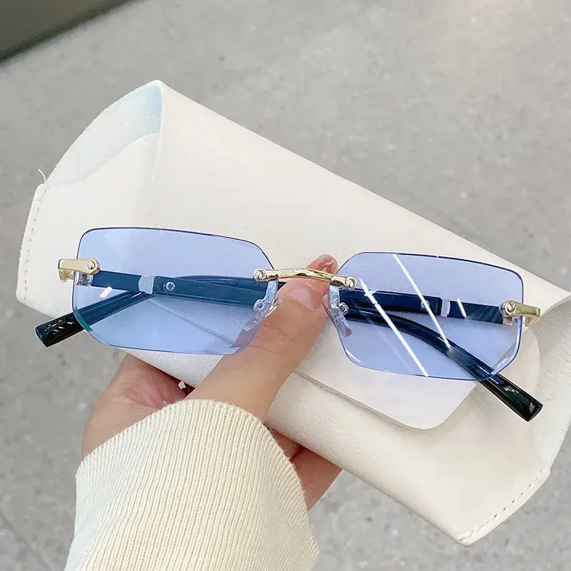 Gafas de sol personalizadas para hombre y mujer, lentes rectangulares de Metal sin marco, con borde cortado, a la moda